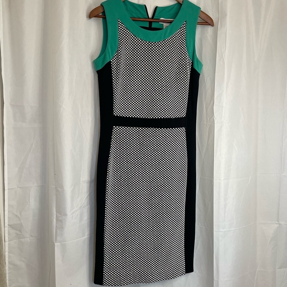 DONCASTER Women’s Black White Green Dot Sleeveless Sheath Pencil Dress Size 2